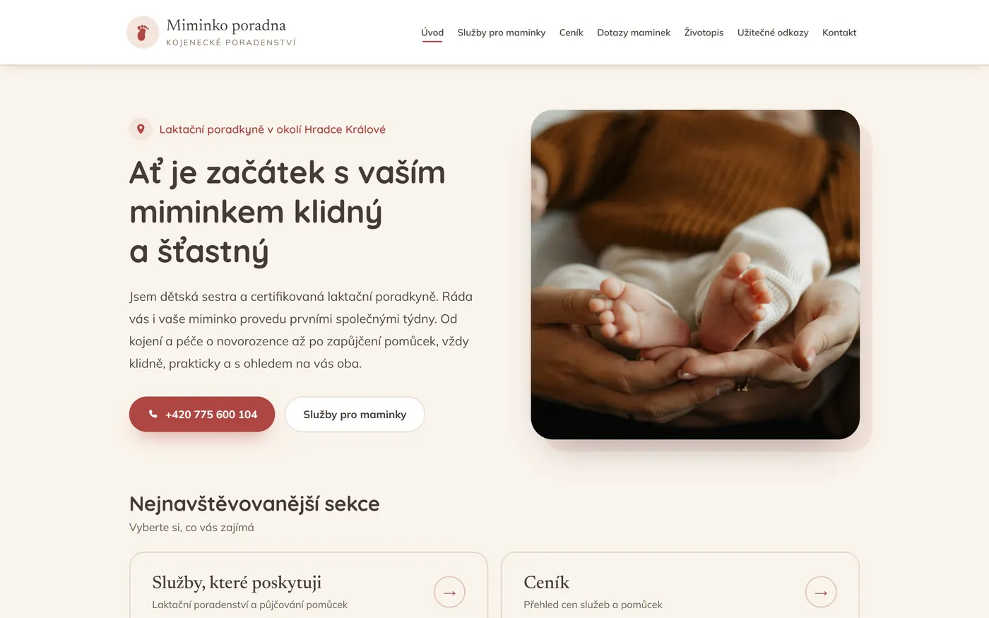 Úvodní stránka webu Miminko poradna s fotografií nohou novorozence v dlaních